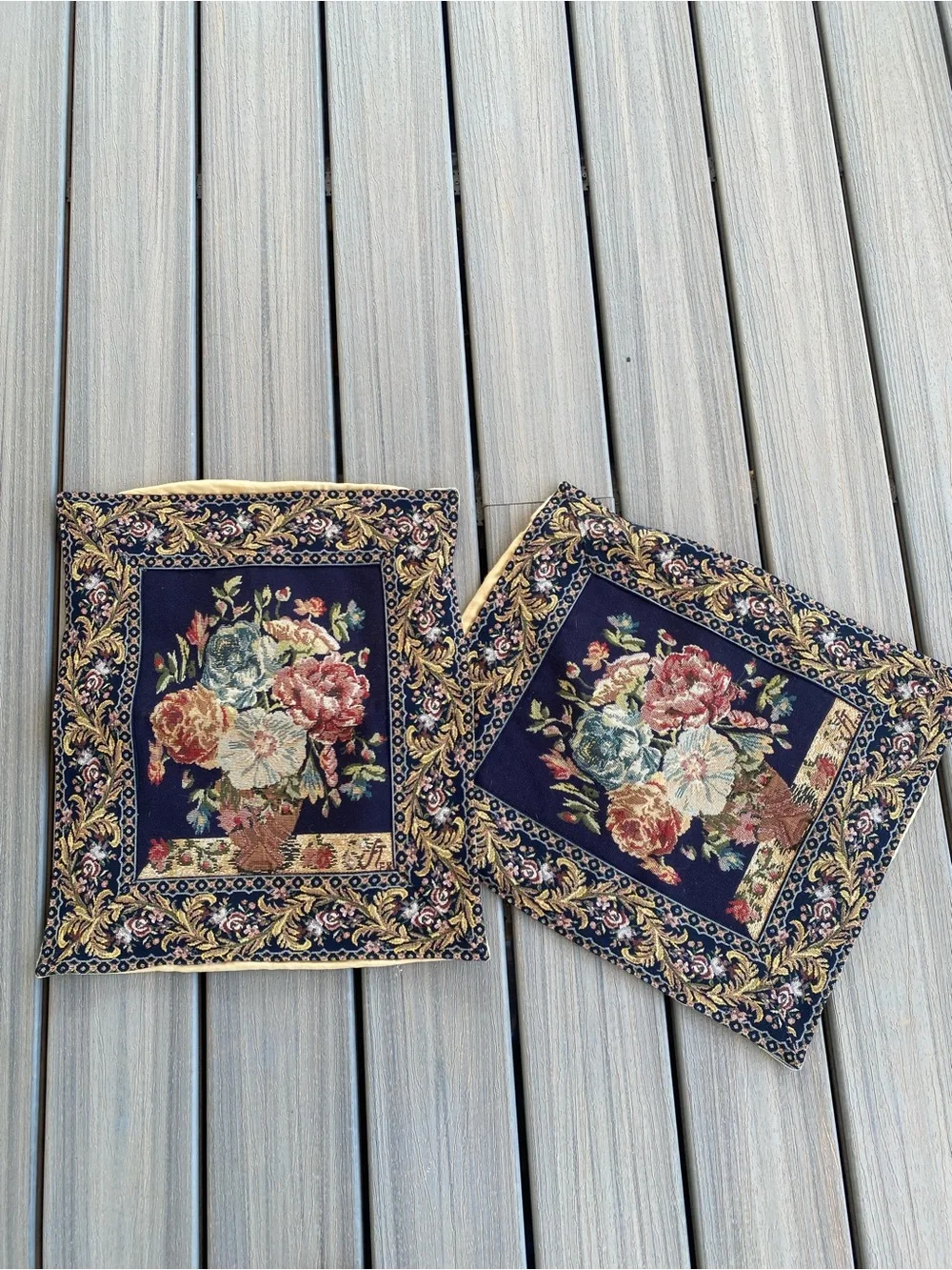 Vintage Navy Floral Tapestry Needle Point Throw Pillows with Gold Border